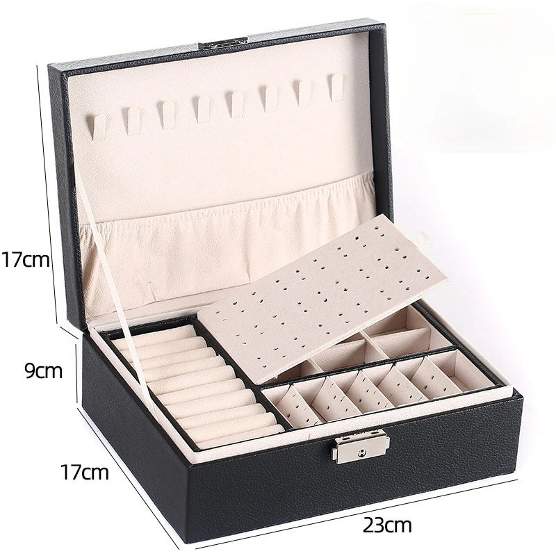 Double-Layer Wooden Jewelry Box – PU Leather Ring & Accessory Organizer with Storage and Makeup Case