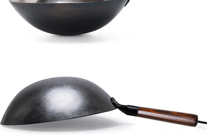 Hand Forged Household Iron Wok, Pure Iron Pan with Wooden Handle, Non-Coating, Non-Stick, for Gas Cooker