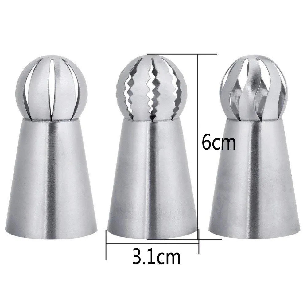Russian Piping Nozzle - 3 Styles Sphere Ball Icing Tips for Confectioners, Pastry, Sugarcraft, Cupcake Decorating, and Kitchen Bakeware Tools