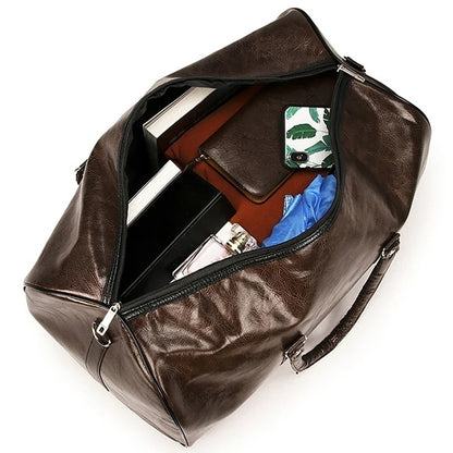 Leather Travel Duffle Bag – Large Fitness & Luggage Shoulder Bag for Men, Black PU Fashion Zipper Handbag