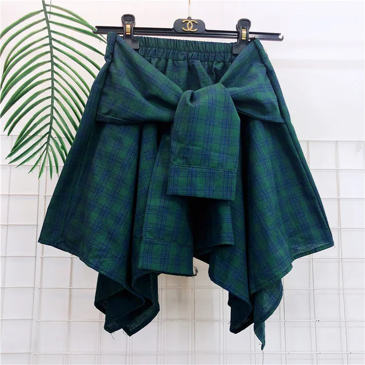 TOTRUST Women’s Fashion Asymmetrical Summer Plaid Mini Skirt – Casual College Style Fake Shirt Design