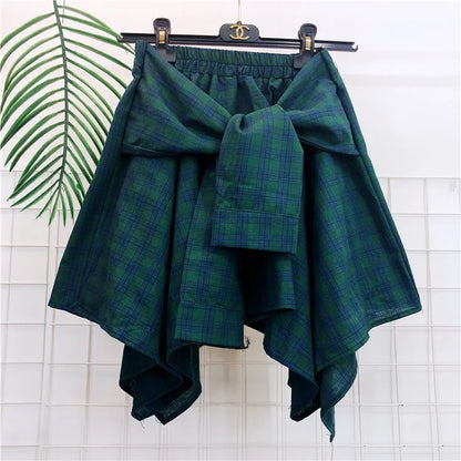 TOTRUST Women’s Fashion Asymmetrical Summer Plaid Mini Skirt – Casual College Style Fake Shirt Design