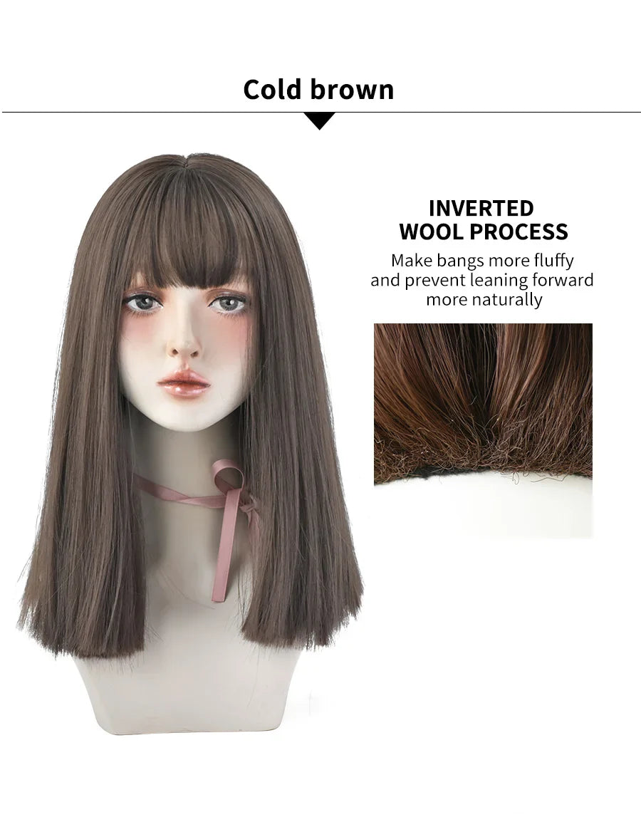 7JHHWIGS Long Straight Light Brown Synthetic Wig with Bangs – Heat-Resistant Daily Wear Wig for Women