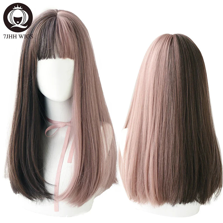7JHHWIGS Long Straight Light Brown Synthetic Wig with Bangs – Heat-Resistant Daily Wear Wig for Women