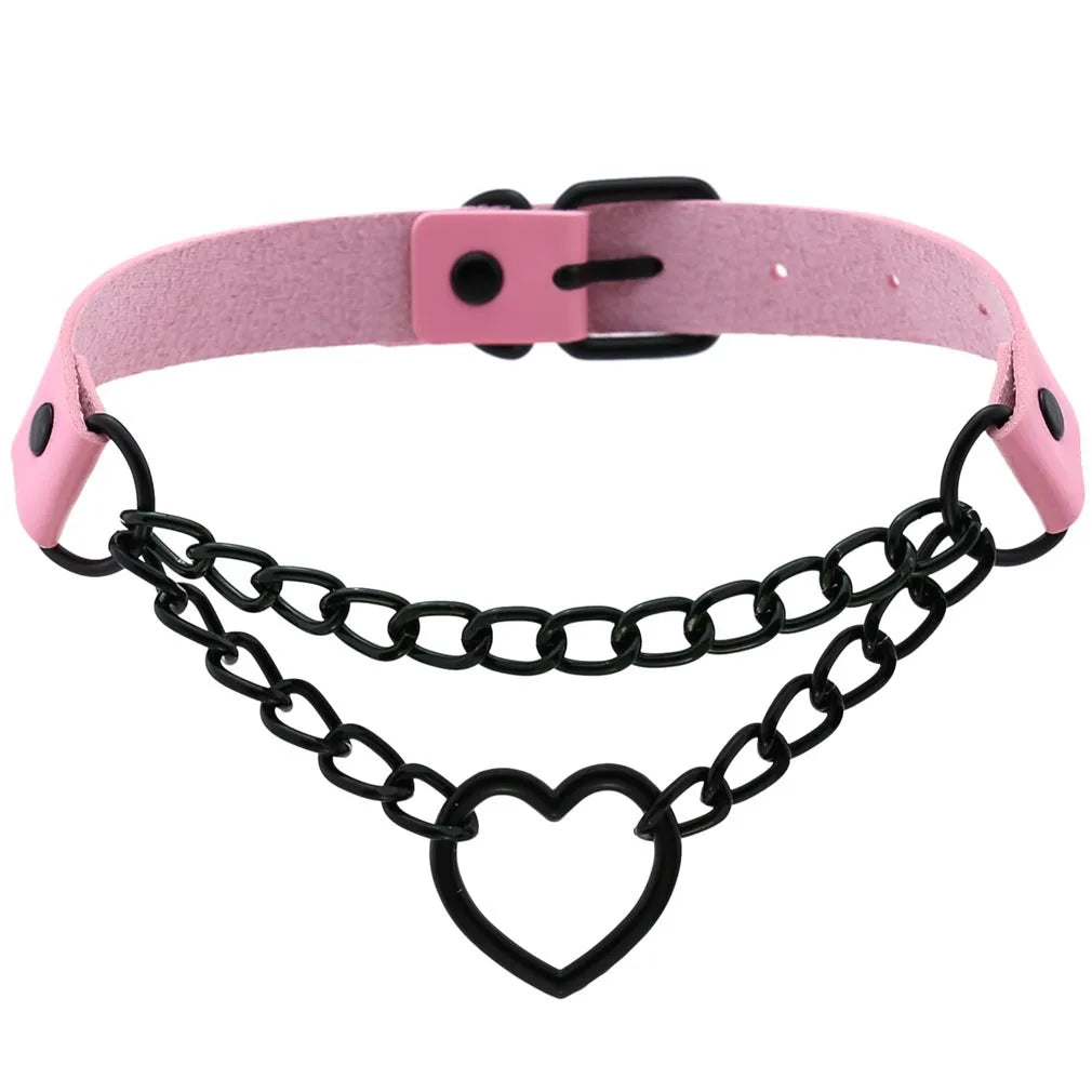 Vintage Heart Necklace Choker – Goth Collar with Chain, Grunge Punk, Cute Kawaii Egirl Harajuku Accessories for Girls