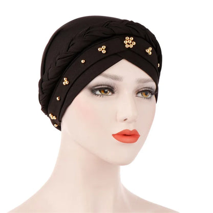Women’s Cotton Head Scarf – Solid Turban Bonnet Hijab Cap with White Pearl Inner, Muslim Arab Wrap