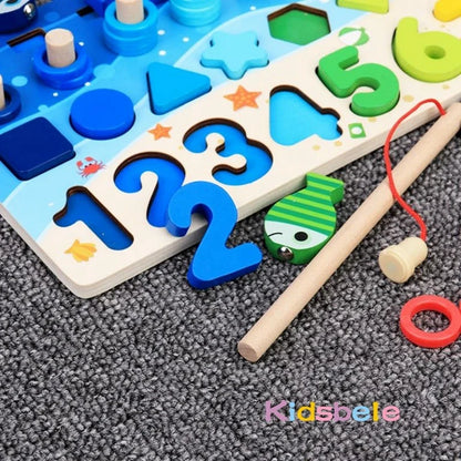Montessori Math Learning Toy - Wooden Puzzle Fishing Game with Number Counting, Shape Matching & Sorting Activities for Toddlers