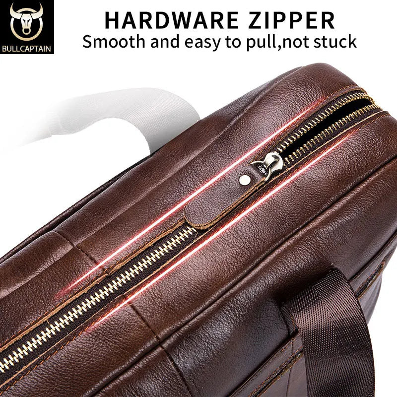 BULLCAPTAIN Men's Genuine Leather Briefcase – 14-Inch Laptop Shoulder Messenger Bag for Business & Office