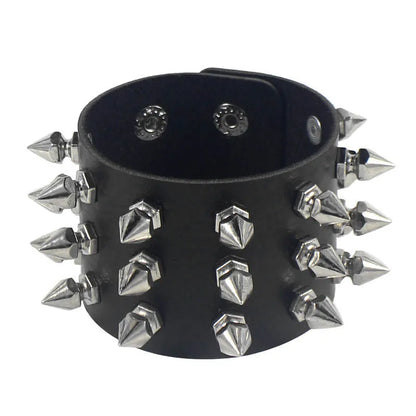 90s Punk Style Bracelet – PU Leather with 3 Rows of Spikes & Square Studs, Fashion Bangle for 2024