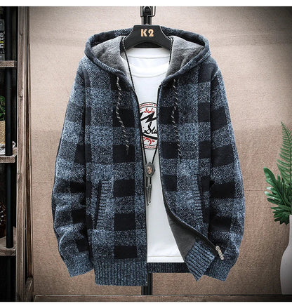 Men's Winter Plaid Hooded Cardigan – Warm Wool Fleece Zipper Jacket Knit Sweater Coat