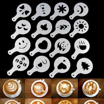 16PCS Cafe Foam Template Barista Stencils - Plastic Mold for Coffee Art, Stainless Steel Latte Garland Needles for Powder Sprinkling