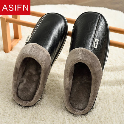 Men’s Large Size Winter Slippers — Waterproof PU Leather Indoor Home Shoes with Fur Cotton, Flat Bedroom Slippers