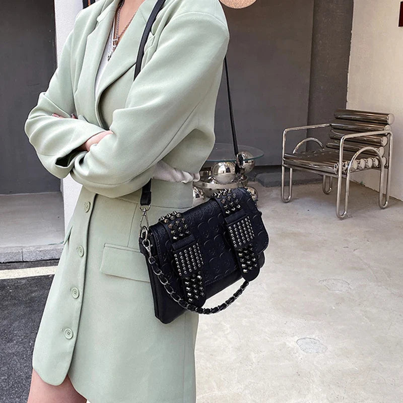 Vintage Skull Rivet PU Leather Shoulder Bag — Women’s Black Crossbody Flap Messenger Handbag
