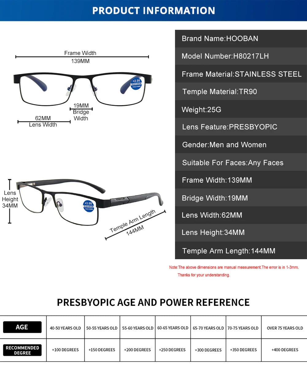 High-Quality Stainless Steel Reading Glasses for Men & Women – Fashion Presbyopic & Anti-Blue Light Eyewear