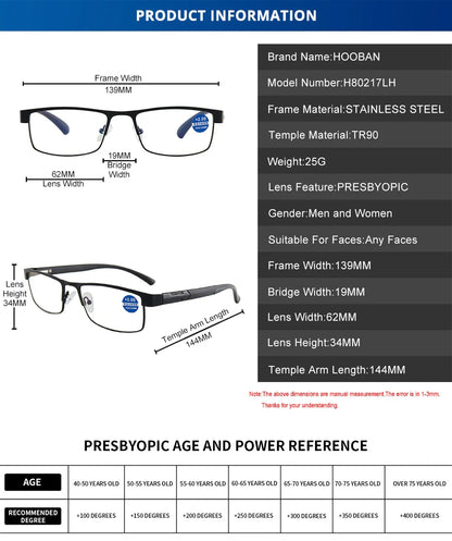 High-Quality Stainless Steel Reading Glasses for Men & Women – Fashion Presbyopic & Anti-Blue Light Eyewear