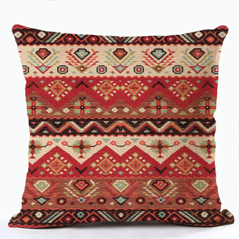 Bohemian Linen Cushion Cover – Multicolor Ethnic Geometric Pattern Decorative Pillow for Living Room Sofa