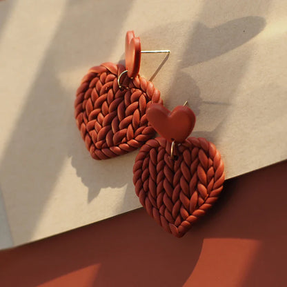 Handmade Knitted Heart-Shaped Polymer Clay Earrings – Braided Multi-Color Dangle Jewelry Set, Cute Love Gift