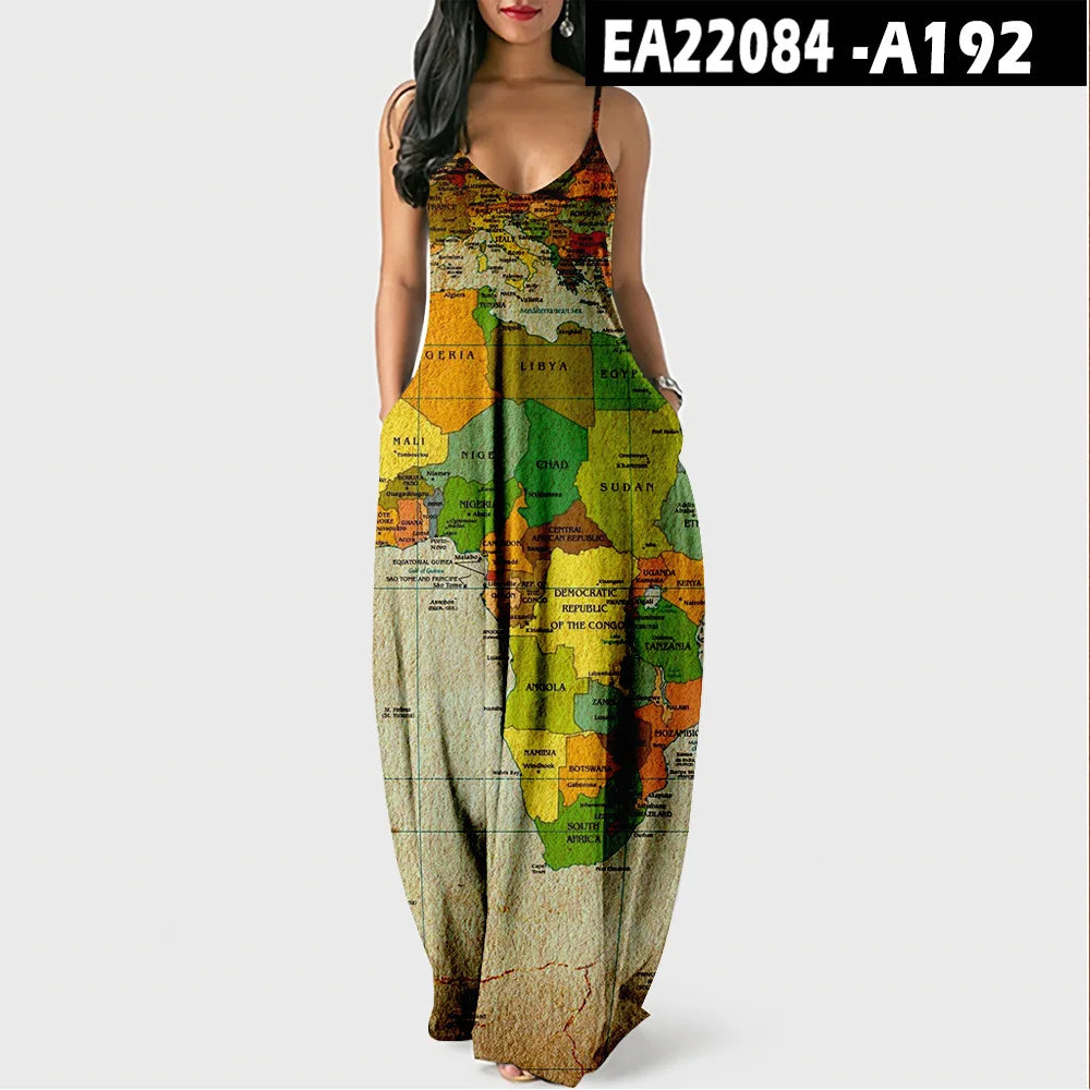 Women’s World Map Beach Dress – Elegant Sexy Long Sundress with Irregular Hem, Sleeveless Spaghetti Straps, Plus Size Summer Dress