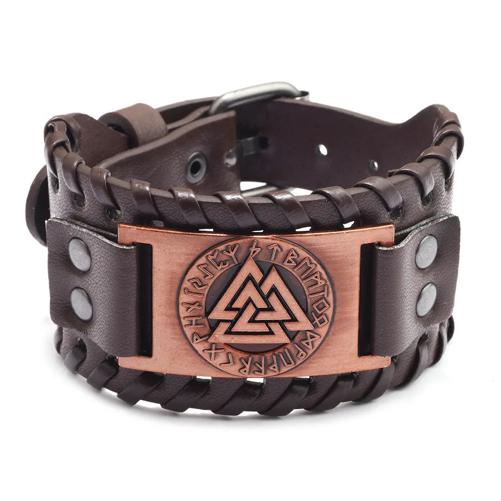 Totem Design Wide Leather Pirate Compass Bracelet - Men's Celtic Viking Jewelry, Party Gift Accessories