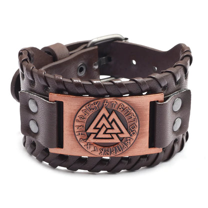 Totem Design Wide Leather Pirate Compass Bracelet - Men's Celtic Viking Jewelry, Party Gift Accessories