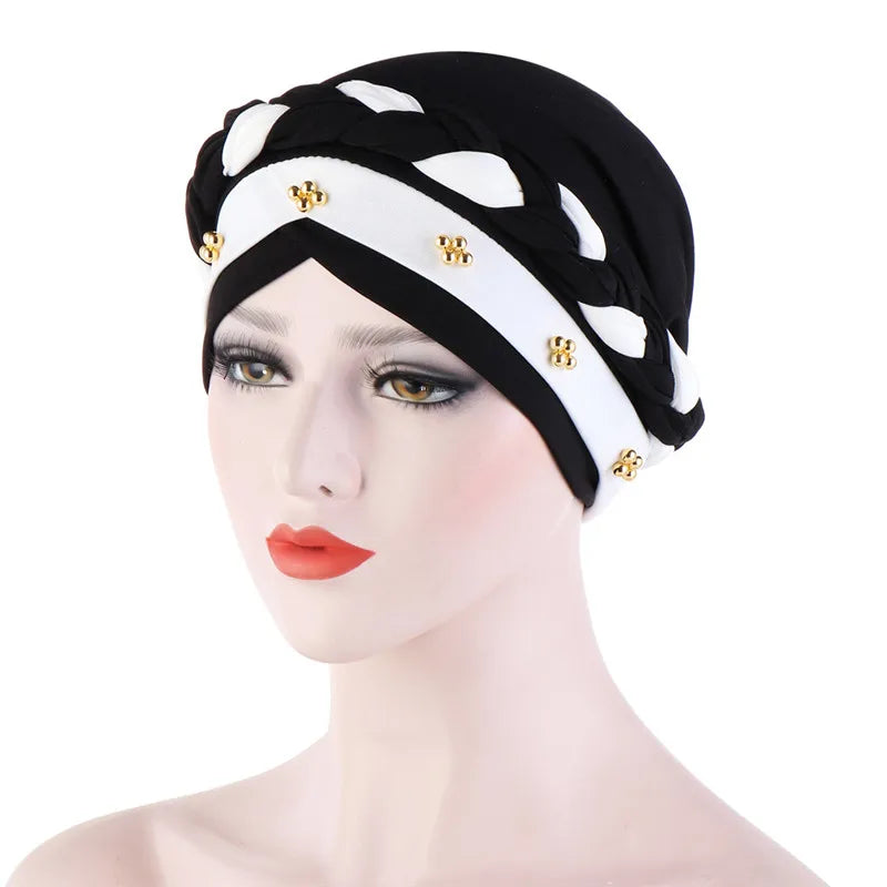 Women’s Cotton Head Scarf – Solid Turban Bonnet Hijab Cap with White Pearl Inner, Muslim Arab Wrap