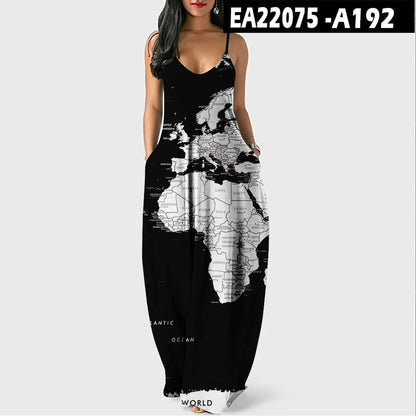Women’s World Map Beach Dress – Elegant Sexy Long Sundress with Irregular Hem, Sleeveless Spaghetti Straps, Plus Size Summer Dress