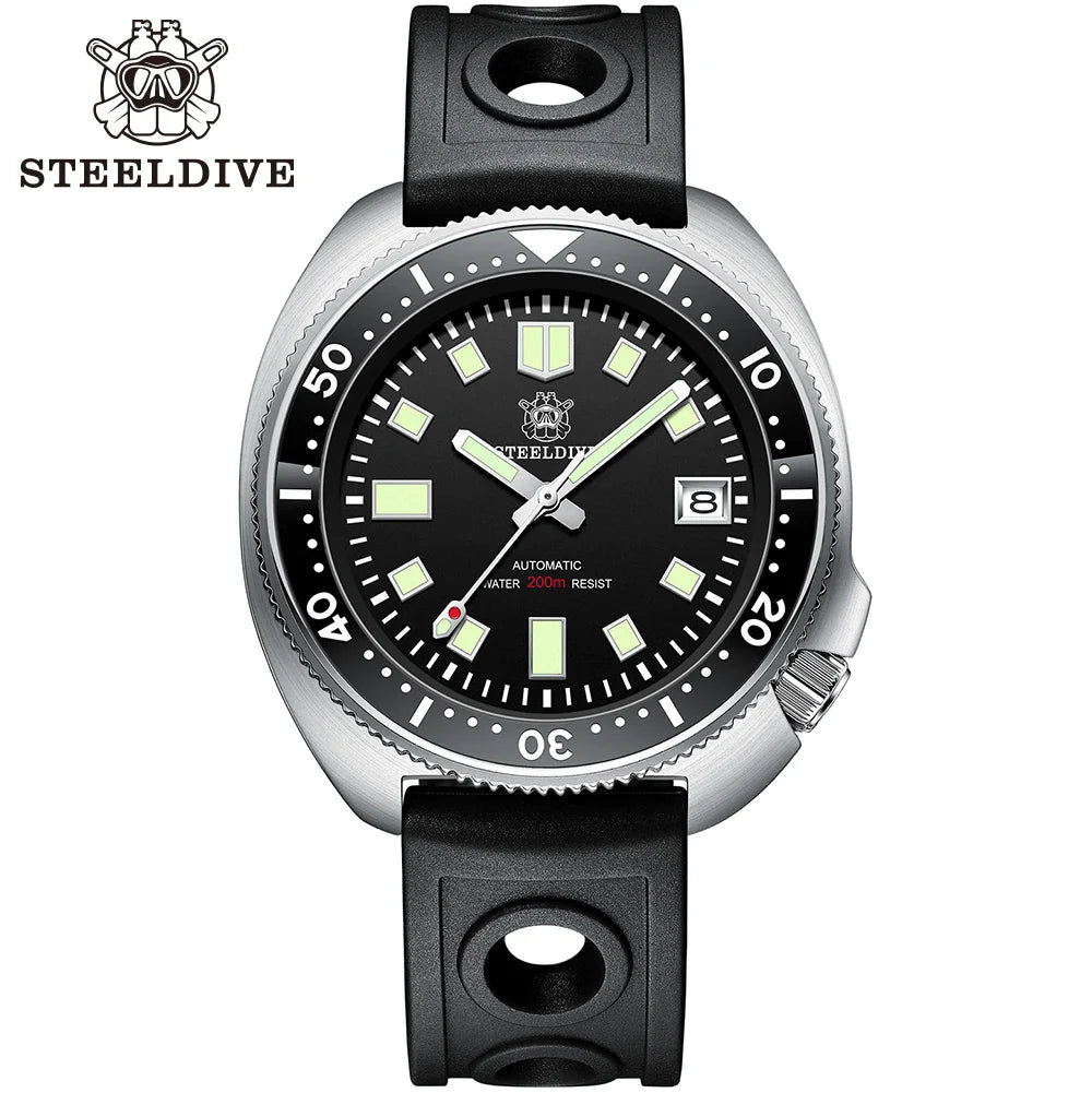 Steeldive SD1970 Men’s Automatic Dive Watch — 200M Waterproof, White Date Background, AR Coating Sapphire Glass, NH35 Black Dial Turtle Design