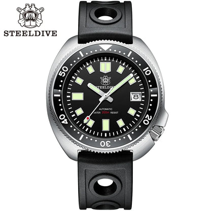 Steeldive SD1970 Men’s Automatic Dive Watch — 200M Waterproof, White Date Background, AR Coating Sapphire Glass, NH35 Black Dial Turtle Design