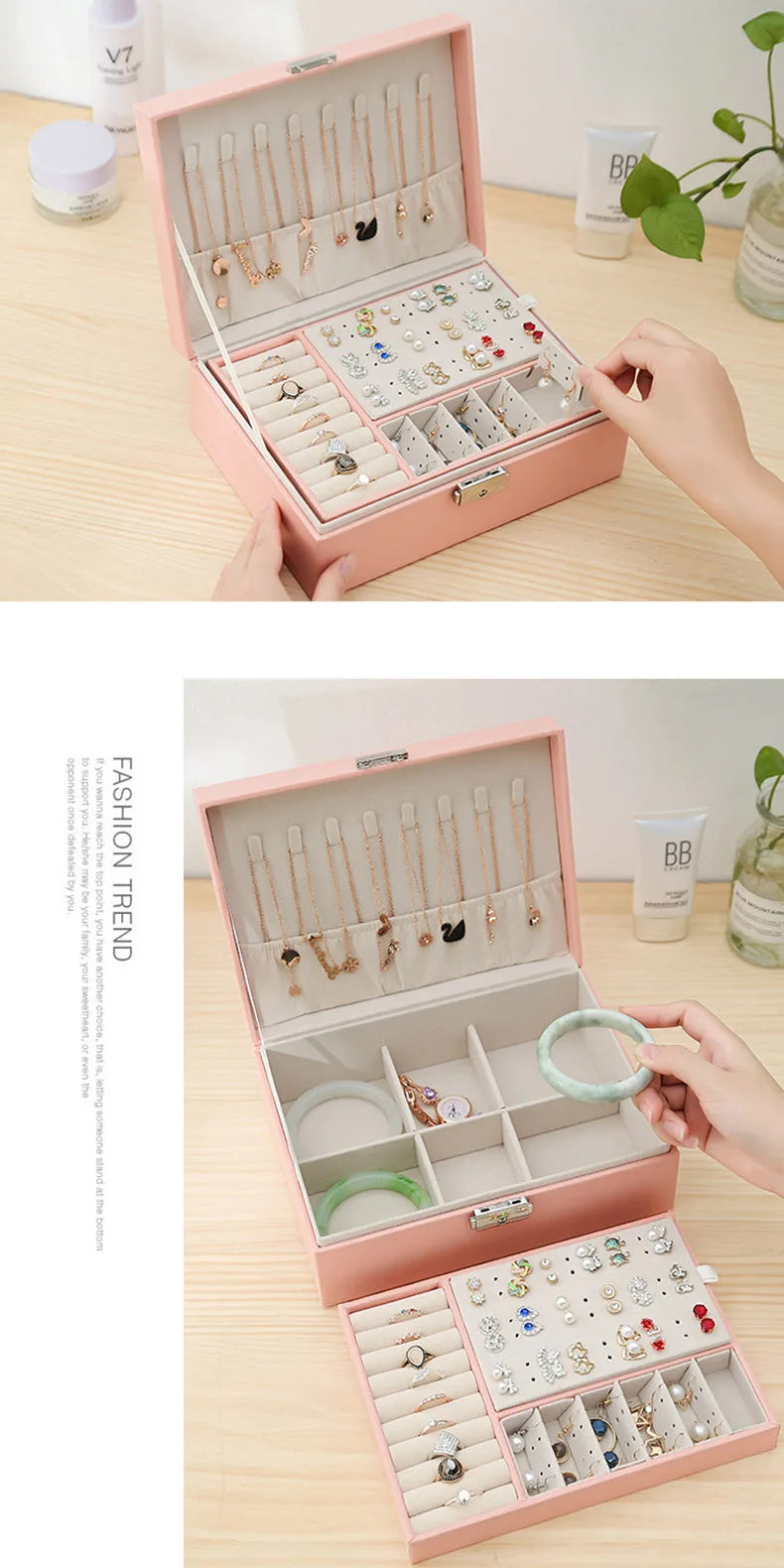 Double-Layer Wooden Jewelry Box – PU Leather Ring & Accessory Organizer with Storage and Makeup Case