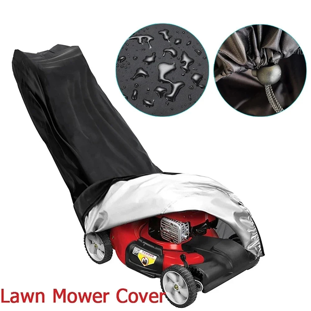 210D Outdoor Lawn Mower Cover - Waterproof UV-Resistant Oxford Cloth with Drawstring, Universal Black Protective Cover