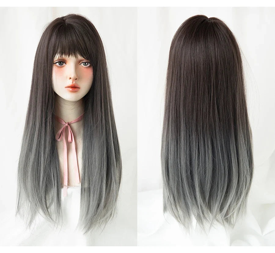 7JHHWIGS Long Straight Light Brown Synthetic Wig with Bangs – Heat-Resistant Daily Wear Wig for Women