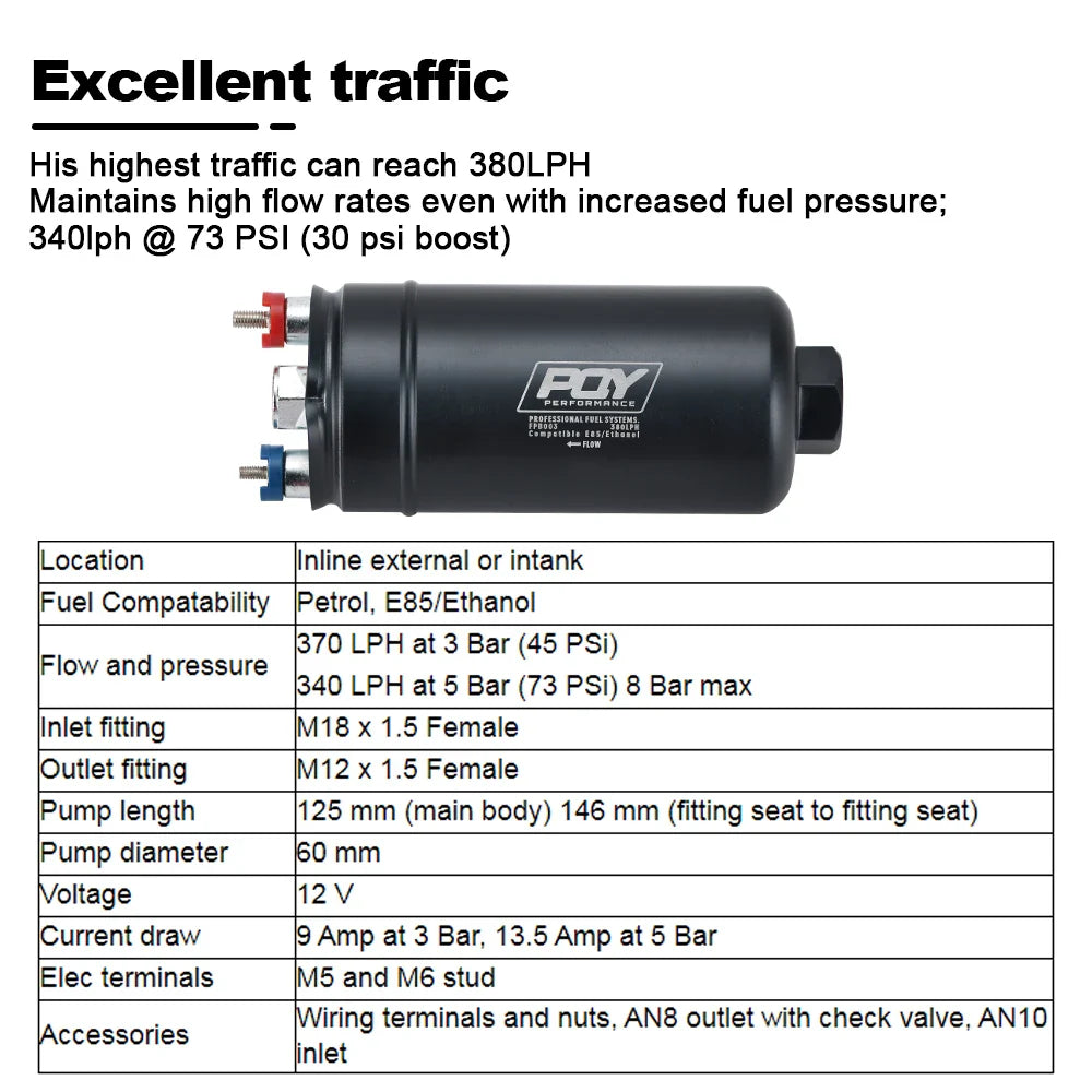 PQY EFI 380LH 1000HP External Fuel Pump – E85 Compatible, Top Quality 044 Style, Model PQY-FPB003-QY