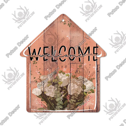 Putuo Decor Welcome House Shaped Wooden Sign – Rustic Hanging Plate for Home, Living Room Wall Decor