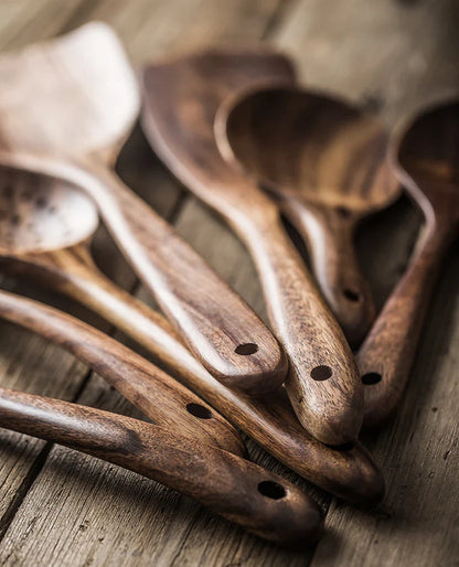 1-9pcs Teak Wood Tableware Set – Natural Wooden Cooking Spoons, Colander Spoon & Soup Skimmer Kitchen Tool Kit