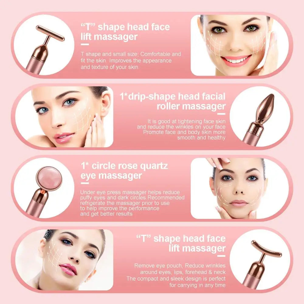 4 in 1 Vibrating Rose Quartz Roller - T/V Shaped Face and Eye Massager for Lifting, Slimming, and Beauty Care