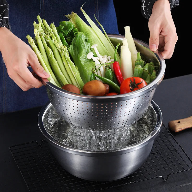 Stainless Steel Drain Basket Colander – Round Rice Cleaning Sieve & Fruit Vegetable Washing Strainer for Kitchen Use