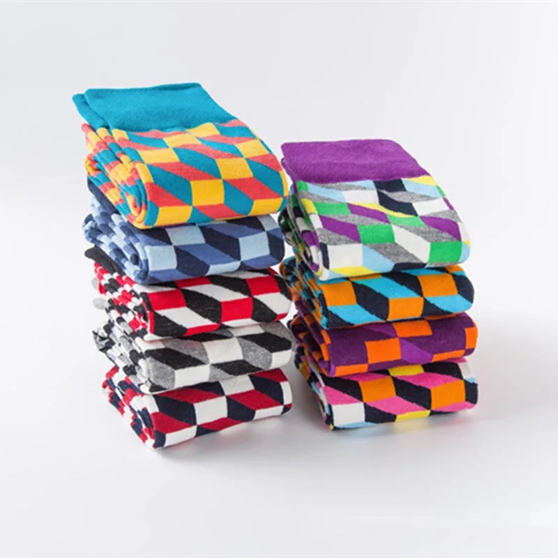 Men’s Funny Argyle Diamond Pattern Cotton Socks – Large Size 3D Geometric Crew Tube Socks, Combed Cotton Casual Novelty Socks