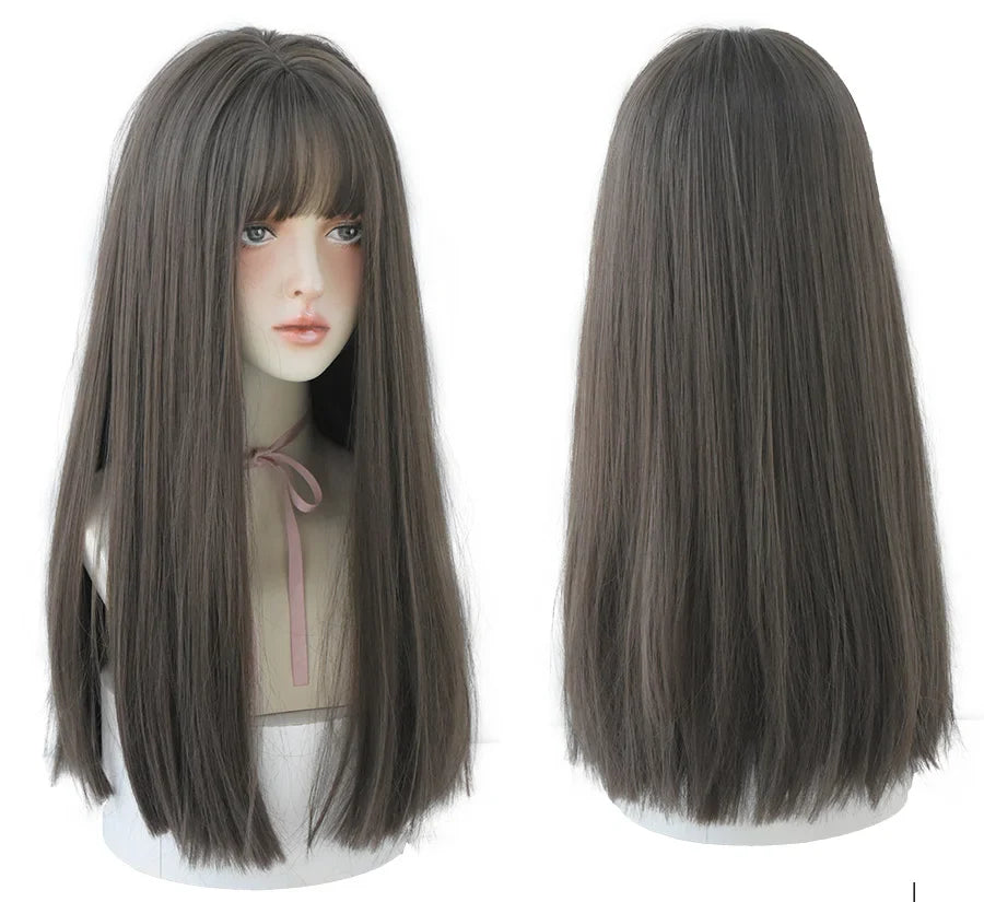 7JHHWIGS Long Straight Light Brown Synthetic Wig with Bangs – Heat-Resistant Daily Wear Wig for Women