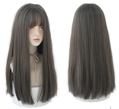 7JHHWIGS Long Straight Light Brown Synthetic Wig with Bangs – Heat-Resistant Daily Wear Wig for Women