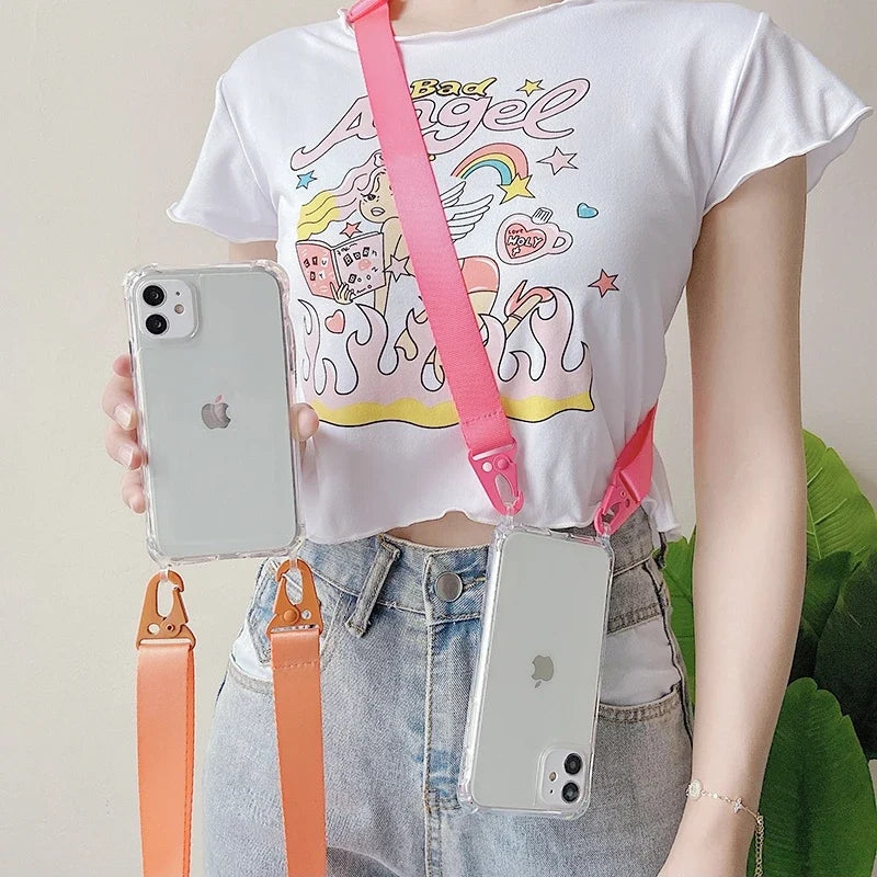 Crossbody Shoulder Strap Phone Case - Transparent Shockproof Cover for iPhone 17 Air, 16, 15, 14, 13 Pro Max & More