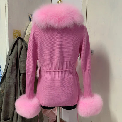 Women’s Spring & Autumn Sweater Cardigan – Real Fox Fur Collar Jacket, Natural Fur Outerwear