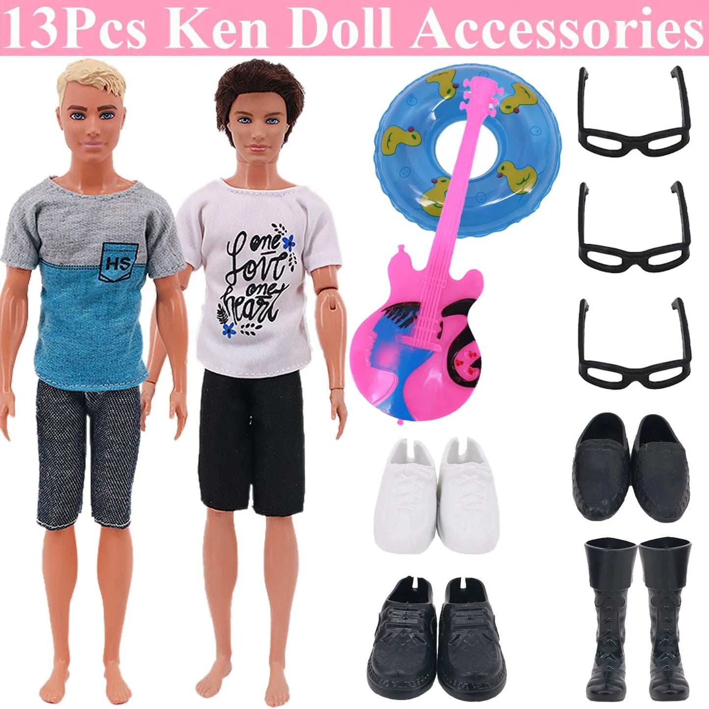 30-Piece Ken Doll Accessories Set — Clothes, Glasses, Shoes, Hangers, Guitar, Skateboard & Headsets for Barbie Dolls, DIY Toy for Girls