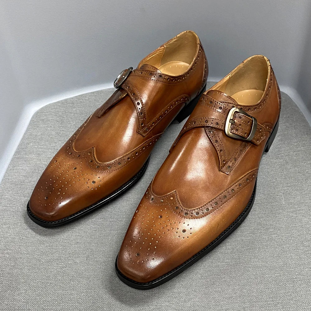 Men’s Luxury Leather Dress Shoes – Italian Wingtip Oxfords & Monk Strap Buckle Brogue for Business, Wedding & Formal Wear