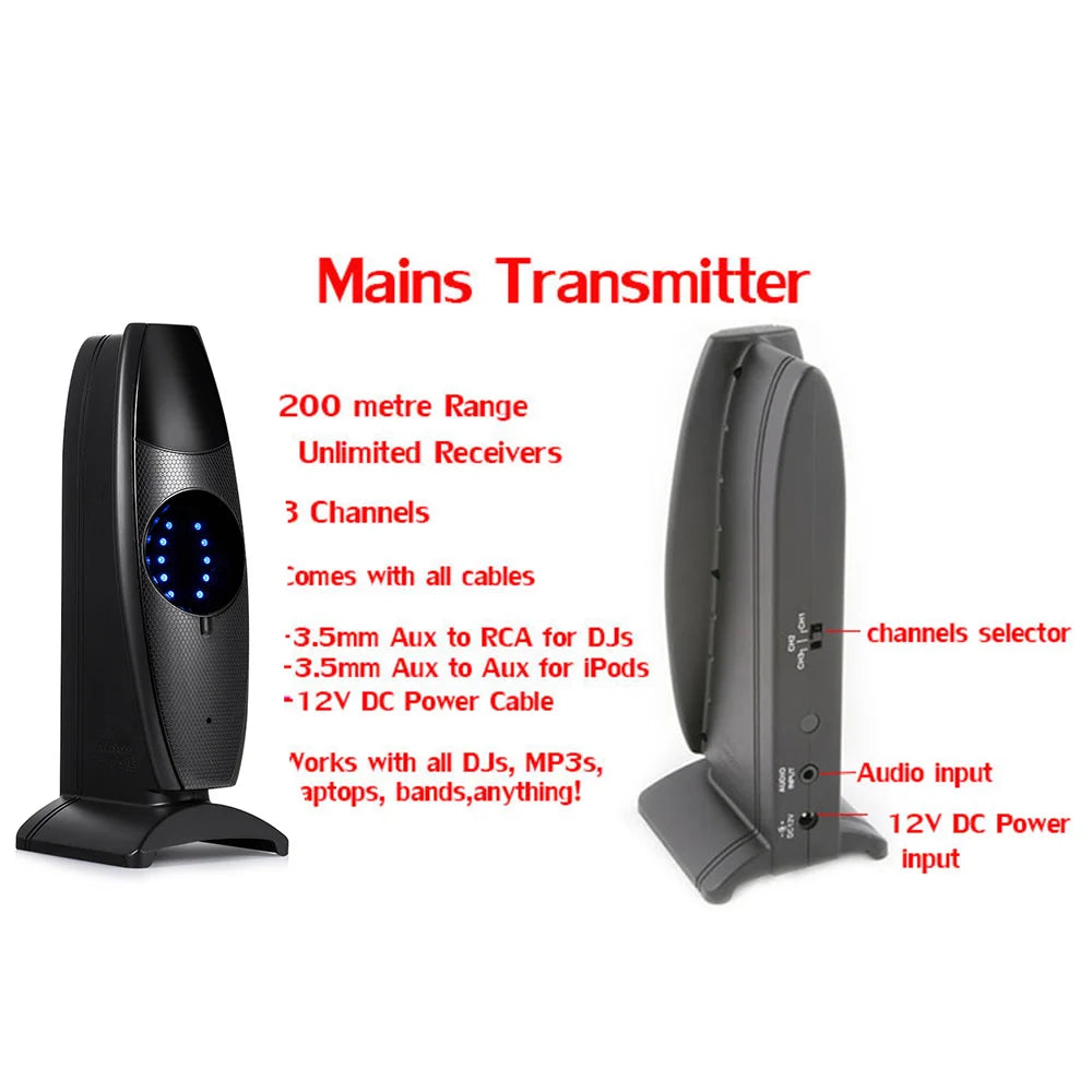 Silent Disco LED Headphones 10-Pack with 200m RF Wireless Transmitter – Party, DJ, Wedding, Club