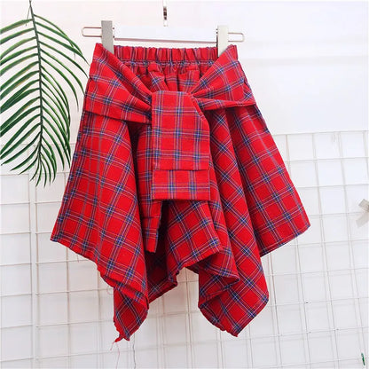TOTRUST Women’s Fashion Asymmetrical Summer Plaid Mini Skirt – Casual College Style Fake Shirt Design