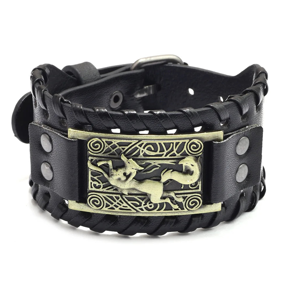 Totem Design Wide Leather Pirate Compass Bracelet - Men's Celtic Viking Jewelry, Party Gift Accessories