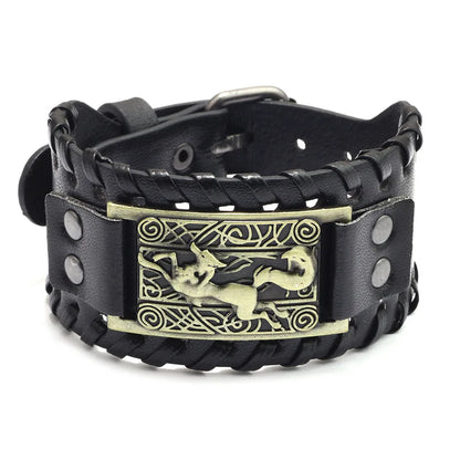 Totem Design Wide Leather Pirate Compass Bracelet - Men's Celtic Viking Jewelry, Party Gift Accessories