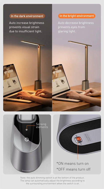 Baseus LED Desk Lamp – Eye Protection, Dimmable, Foldable Table Lamp with Smart Adaptive Brightness for Study & Office