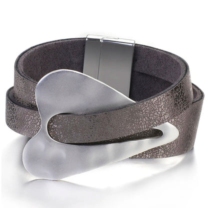 ALLYES Black Leather Bracelet for Men & Women - Fashion 2024 Magnetic Buckle with Heart Charm, Wide Wrap Jewelry