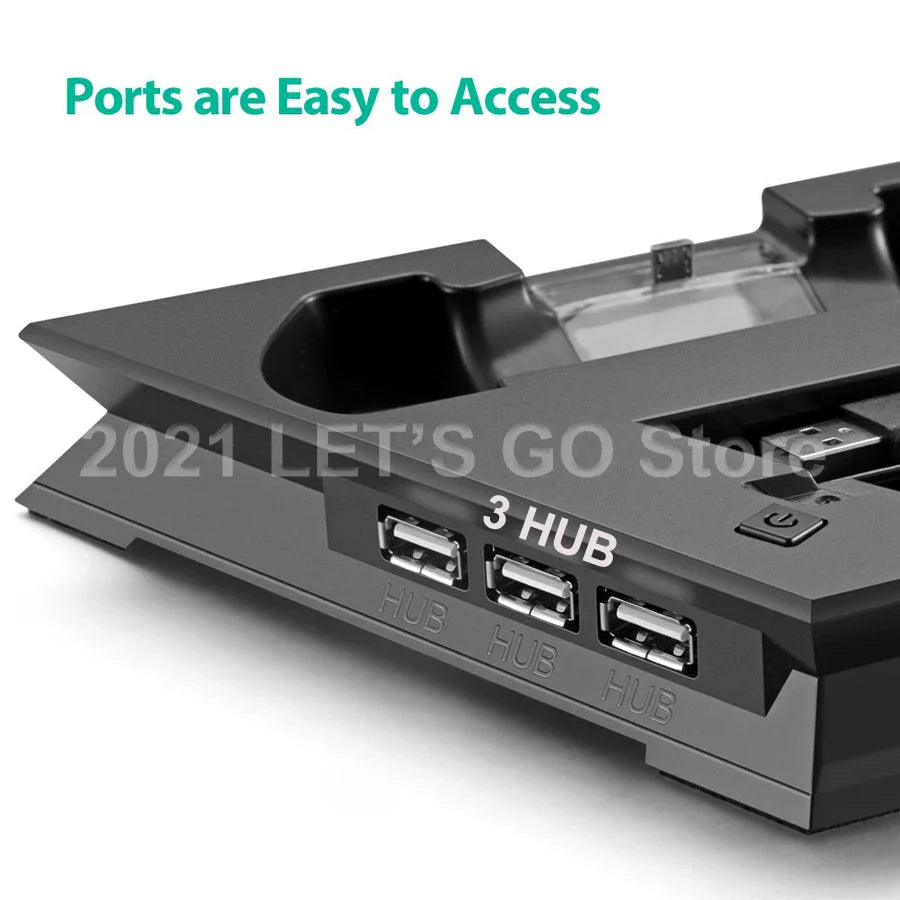 PS4 Slim Vertical Stand — Cooling Fan & Controller Charging Dock Station